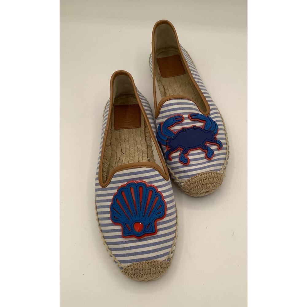 EUC Tory Burch Flats Size 7 Crab Shell Woven Bottom Blue White Stripes Preppy - Picture 2 of 6
